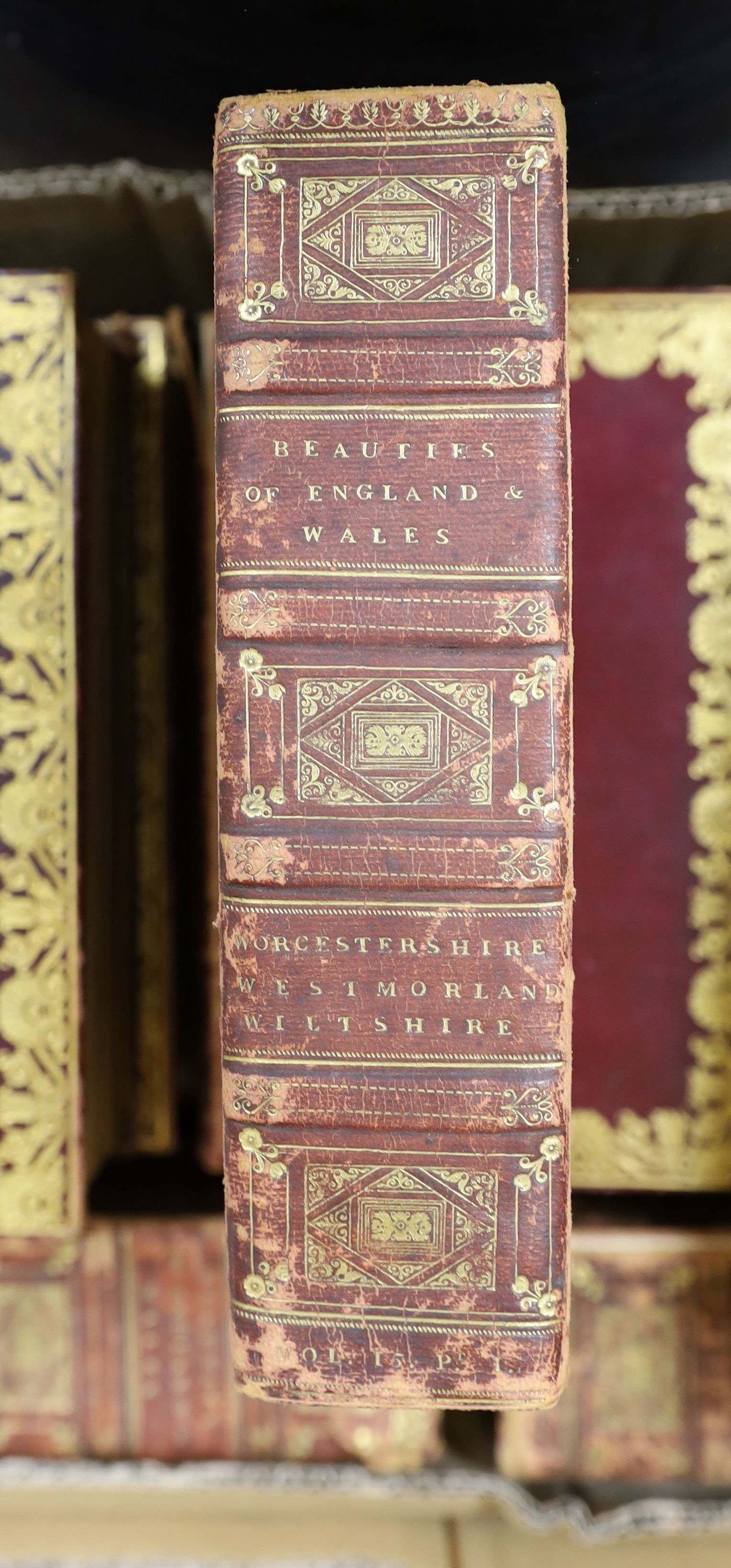 Britton, John & Others - The Beauties of England and Wales ..., 25 vols, pictorial engraved and printed titles and many engraved plates; contemp. maroon gilt-decorated morocco, panelled spines lettered direct, ge. & turn